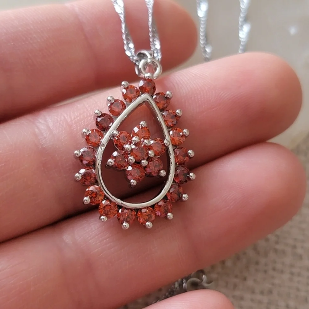 Simulated Garnet Gemstone Teardrop Necklace Cubic Zirconia 925 Silver Tone